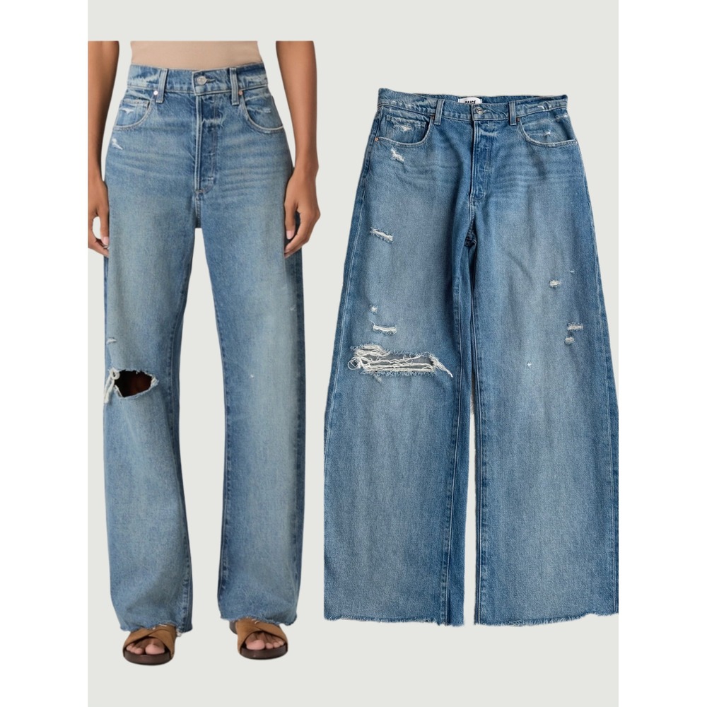 Paige Arellia Skimmer Jeans Wide Barrel Leg Distressed Covered Button Fly 30